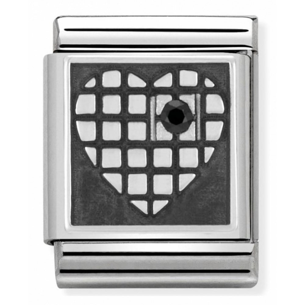 Composable Big Stainless Steel, Sterling Silver, Enamel & A Black Cubic Zirconia Heart With Grid Charm
