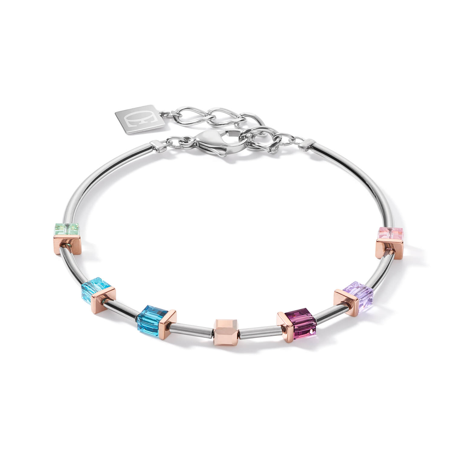 Rose Gold-Silver Geo Cubes With Multicolour Art Nouveau Steel Bracelet