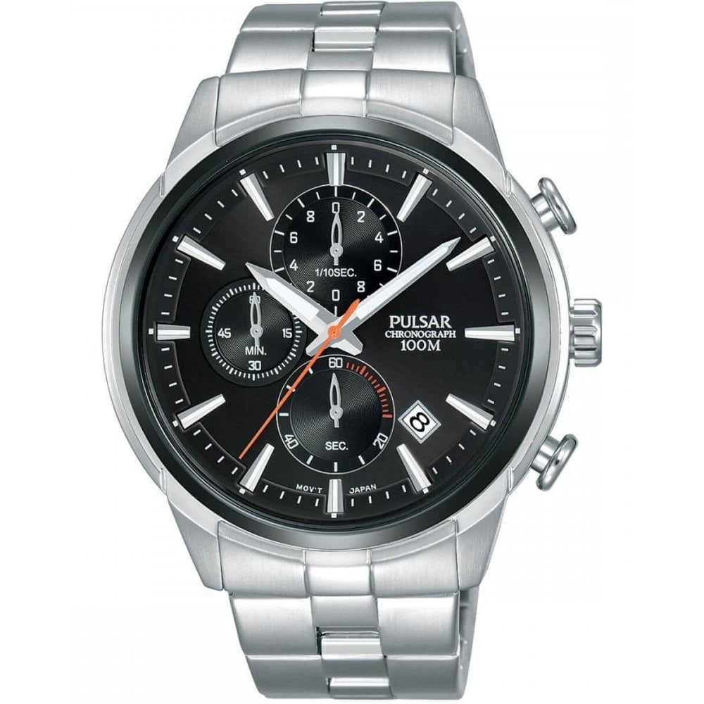 Stainless Steel Bracelet Strap & Case With Black Chronograph Dial Gents Watch