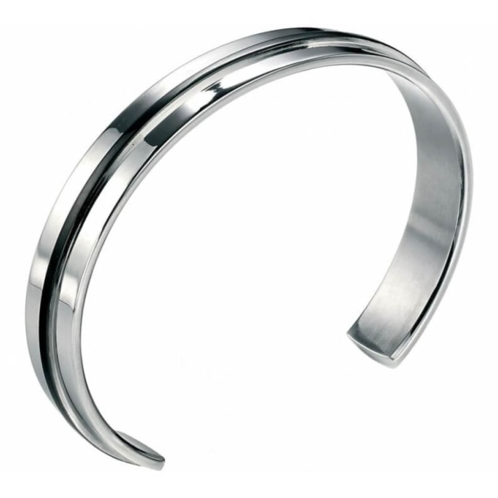 Stainless Steel Cuff Bangle With Black PVD Strip