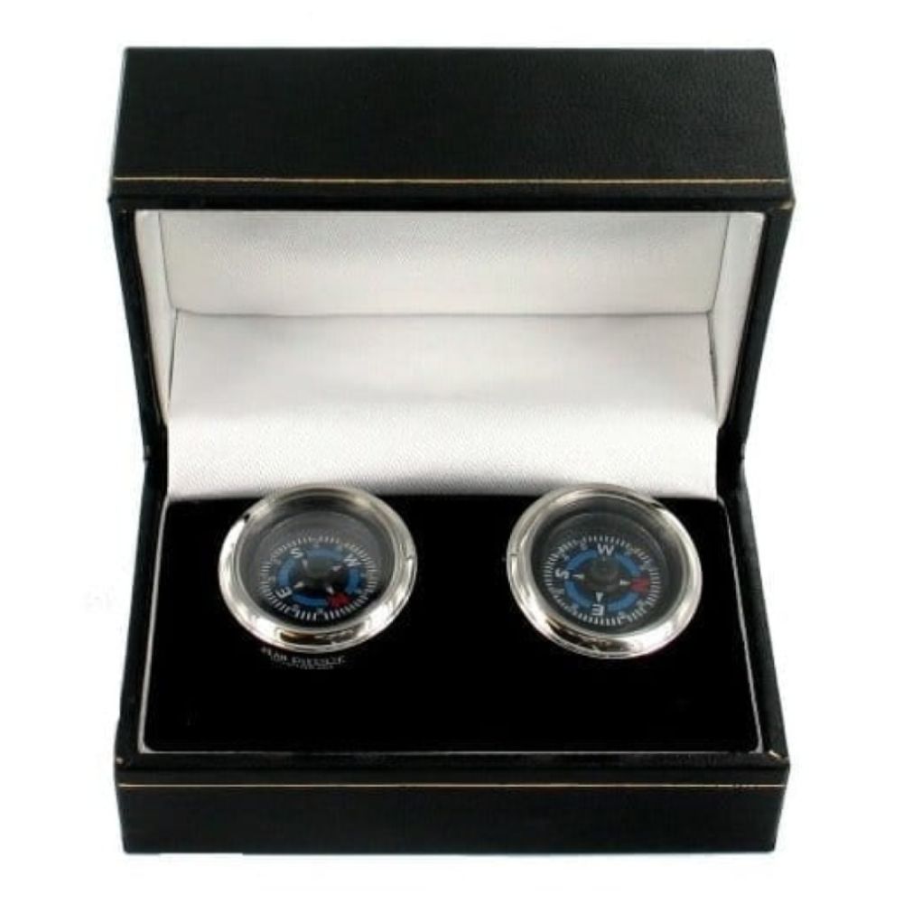 Silver Plated Black Dial Compass Cuff Links