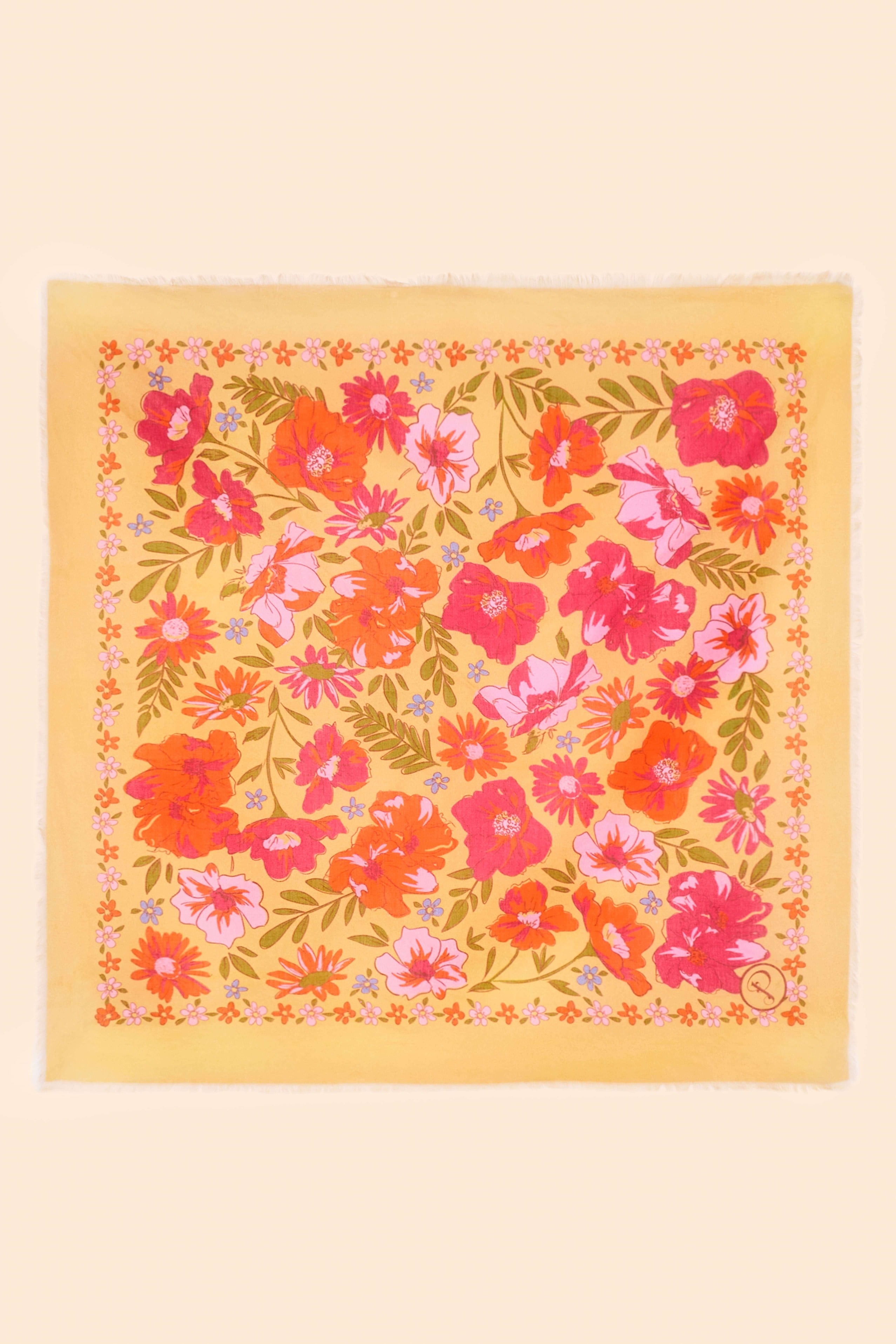 Sketched Florals Cotton Bandana - Mustard