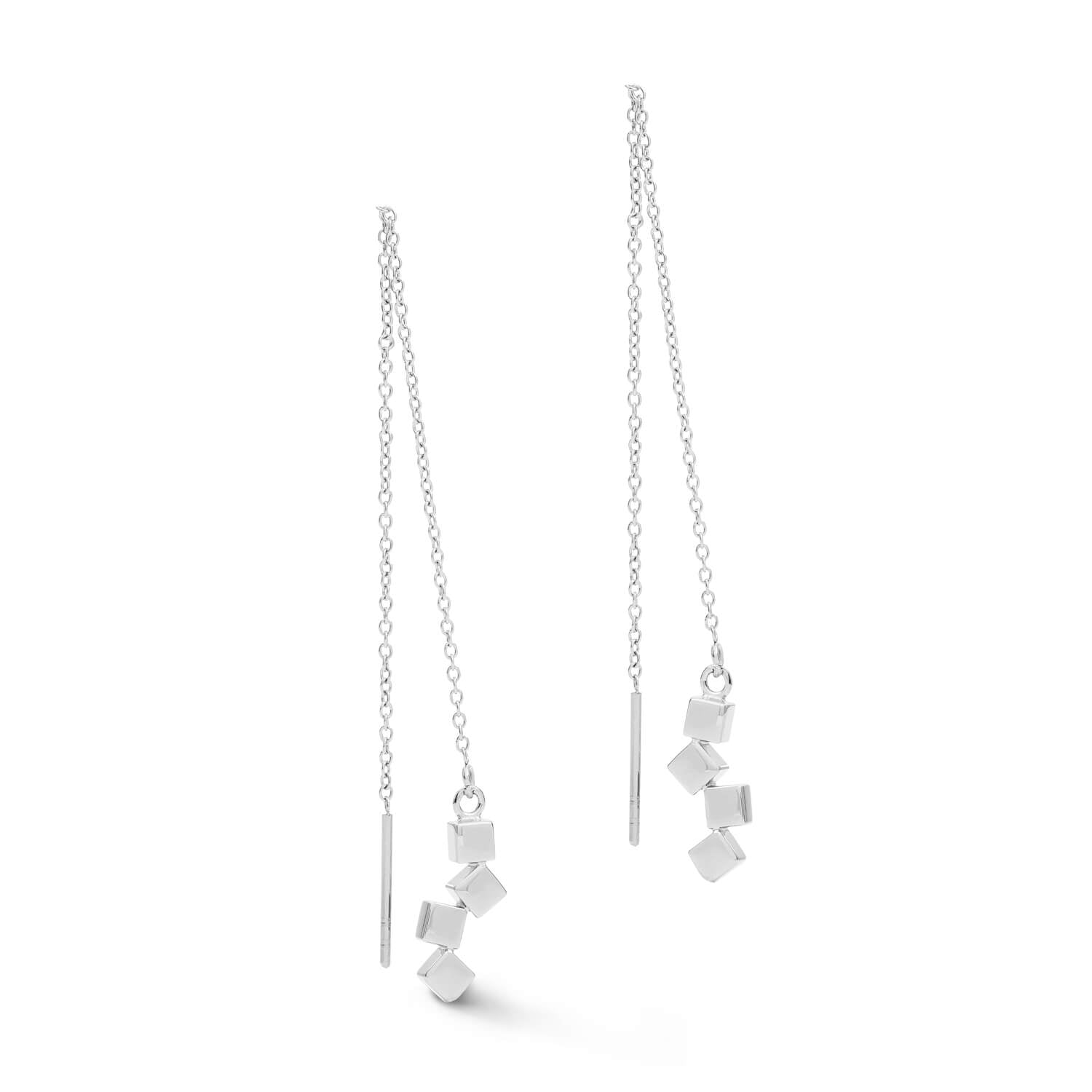 Stainless Steel Dancing Small Geo Cubes & Chain Pierced Earrings