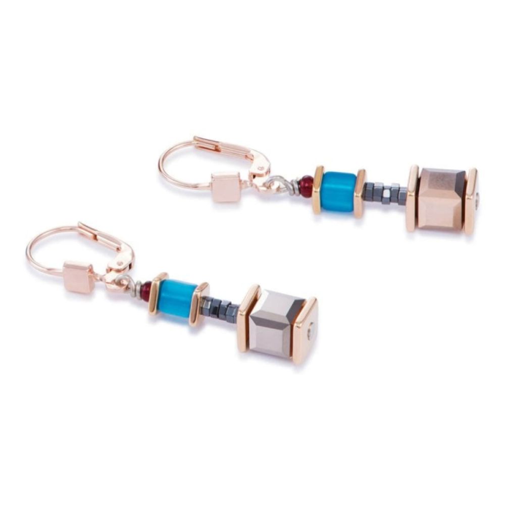 Multicolour Winter 2 Geo Cube & Rose Gold Pierced Earrings