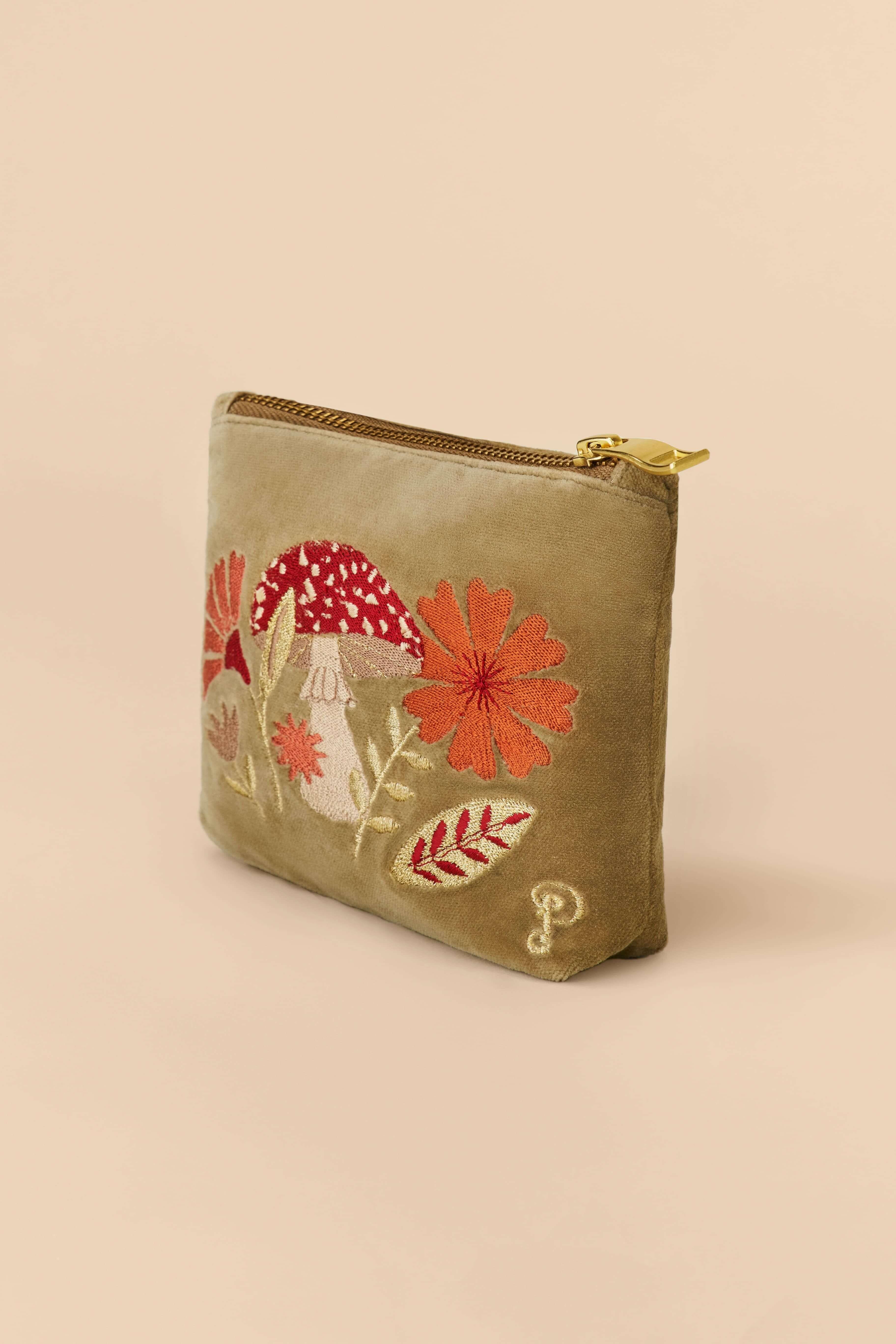 Velvet Embroidered Mini Pouch - Tranquil Toadstool