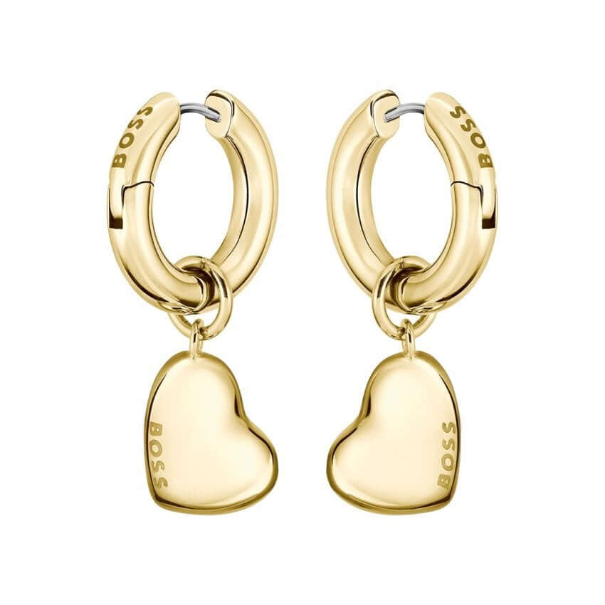 Gold Tone Huggie Hoop Earrings With Heart Charms