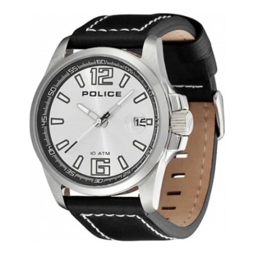 Silver Dial And Black Leather Strap Mens Police Wristwatch