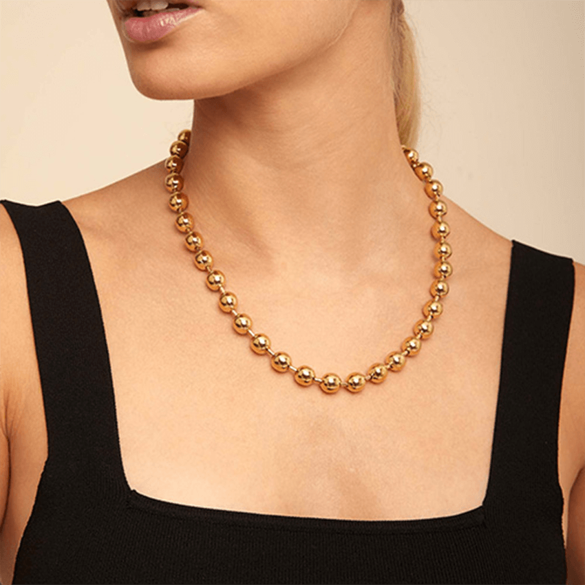 18k Gold Plated Necklace With Large Spherical Beads & Snap Lock Clasp