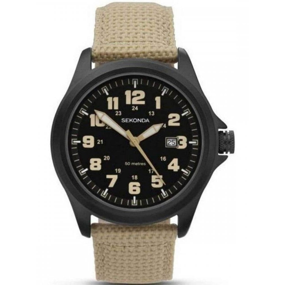 Black IP Stainless Steel Case With Black Dial & Light Brown Nylon Strap Gents Watch