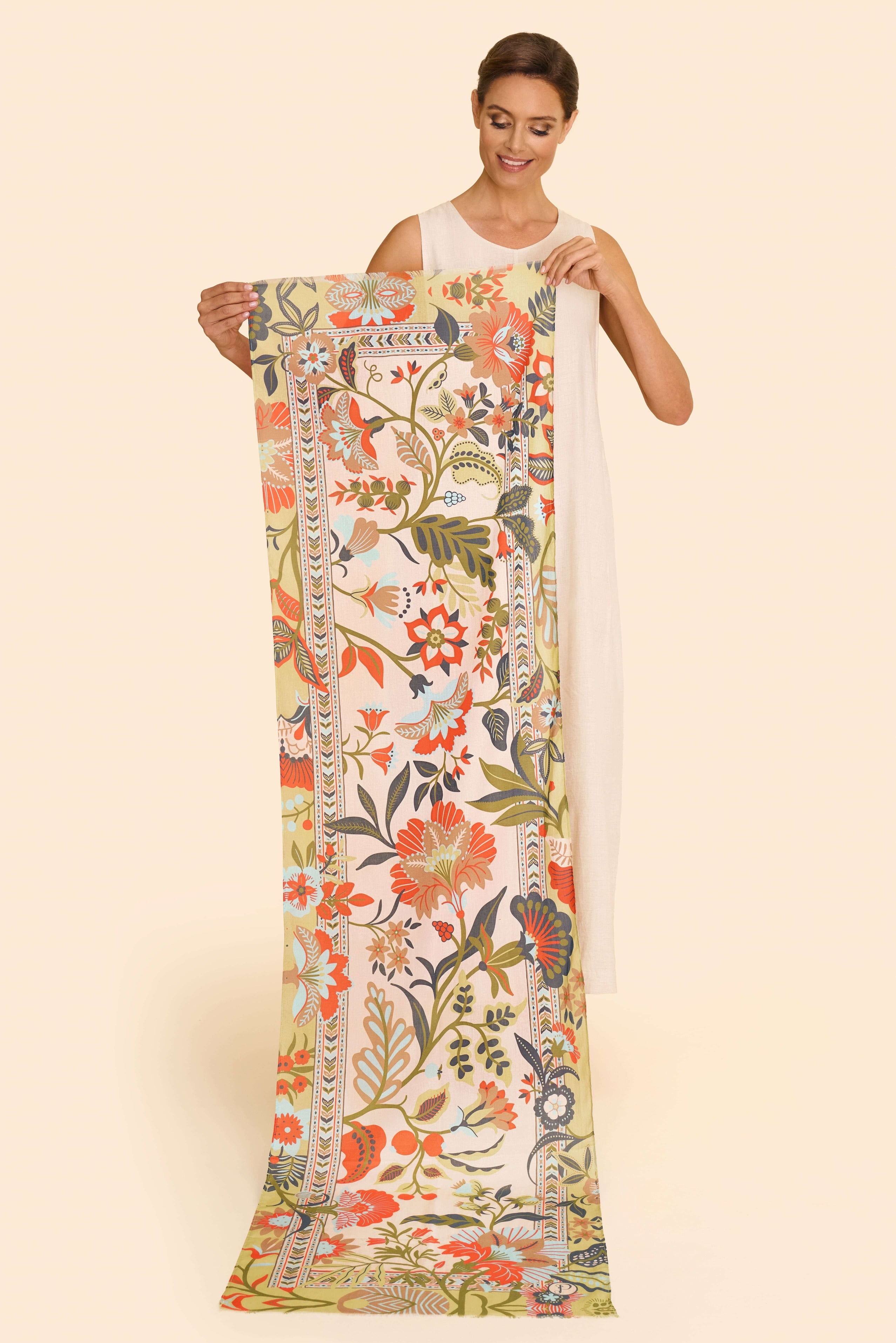Folky Floral Cotton Scarf - Coconut