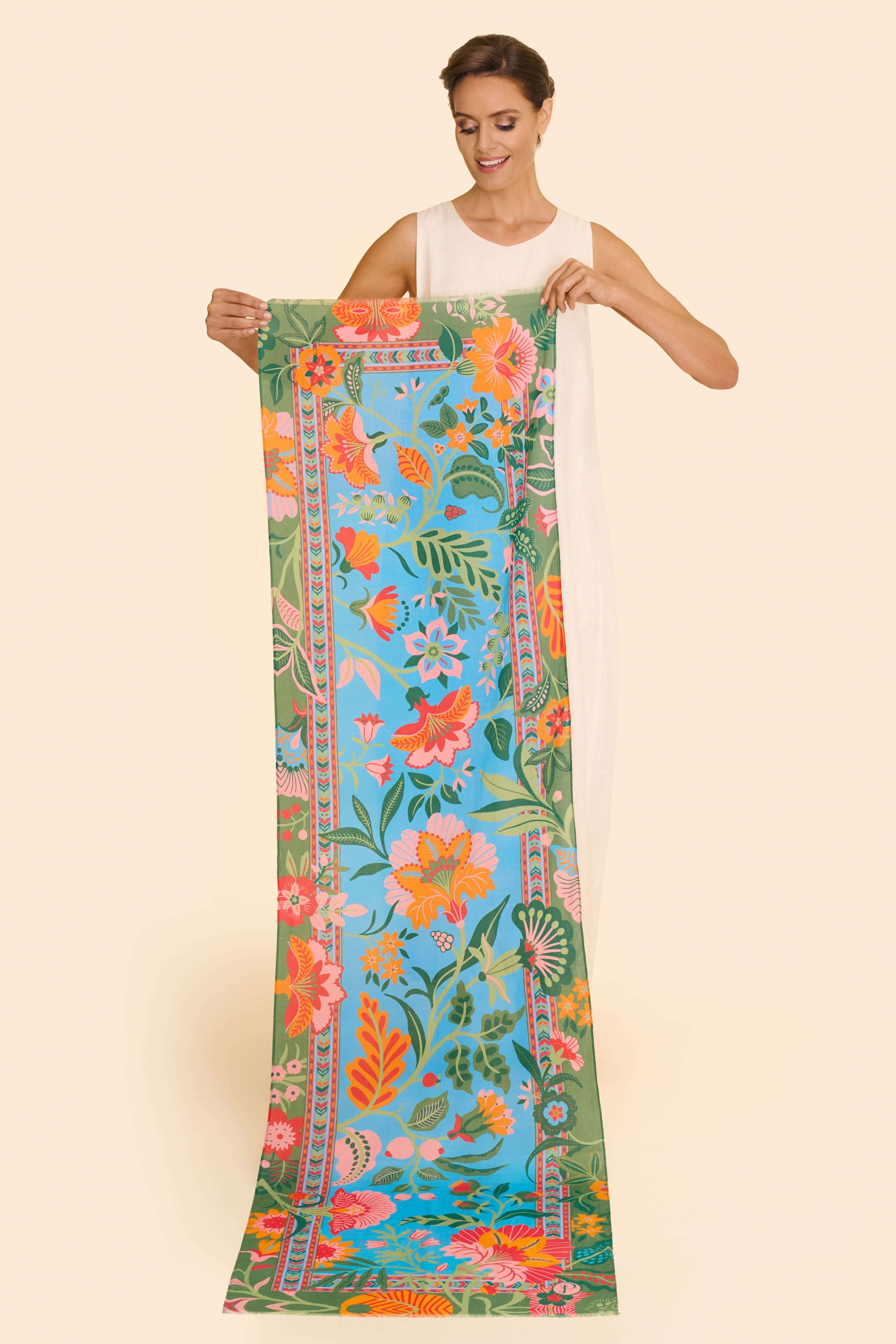 Folky Floral Cotton Scarf - Cornflower