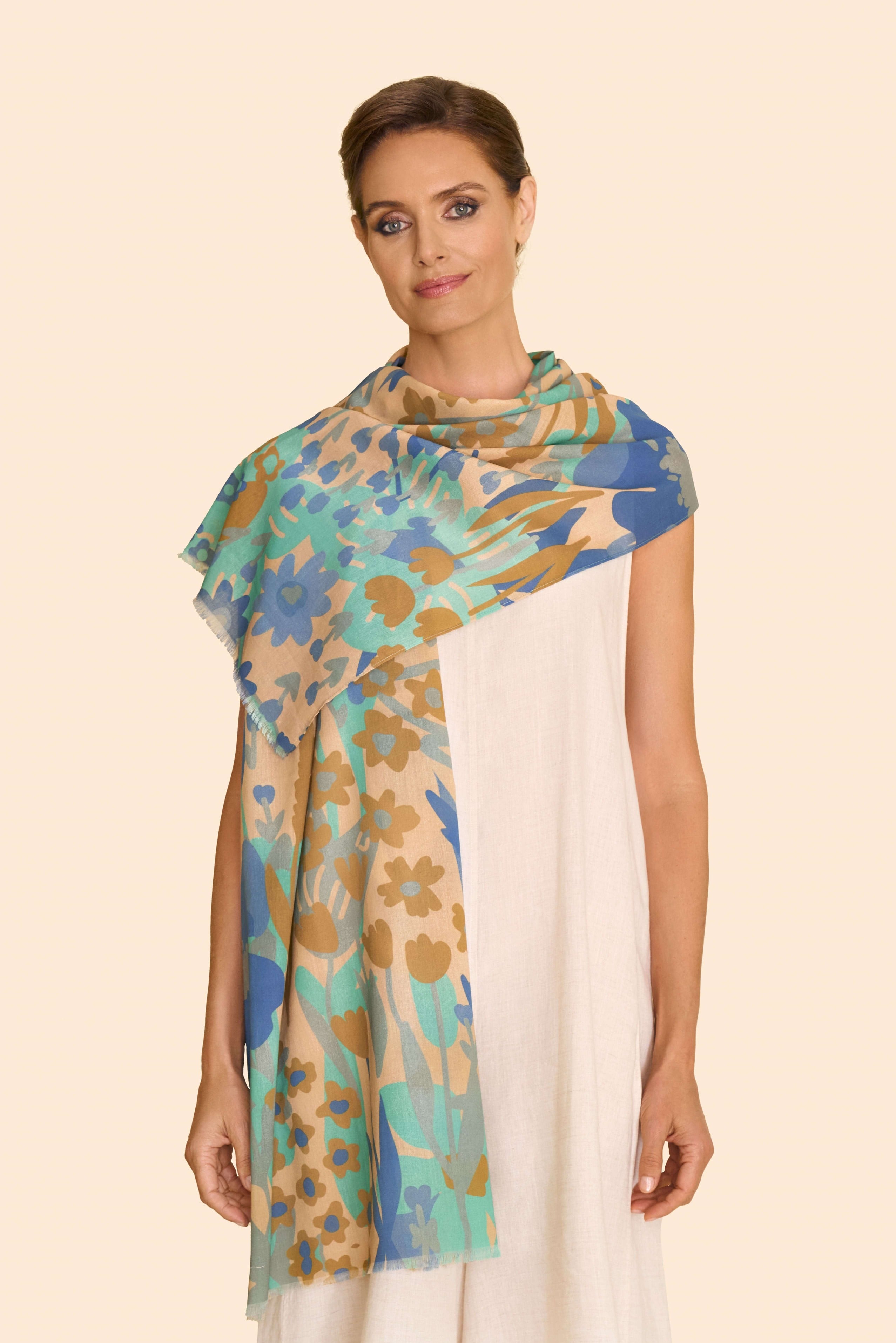 Springtime Floral Cotton Scarf -Denim
