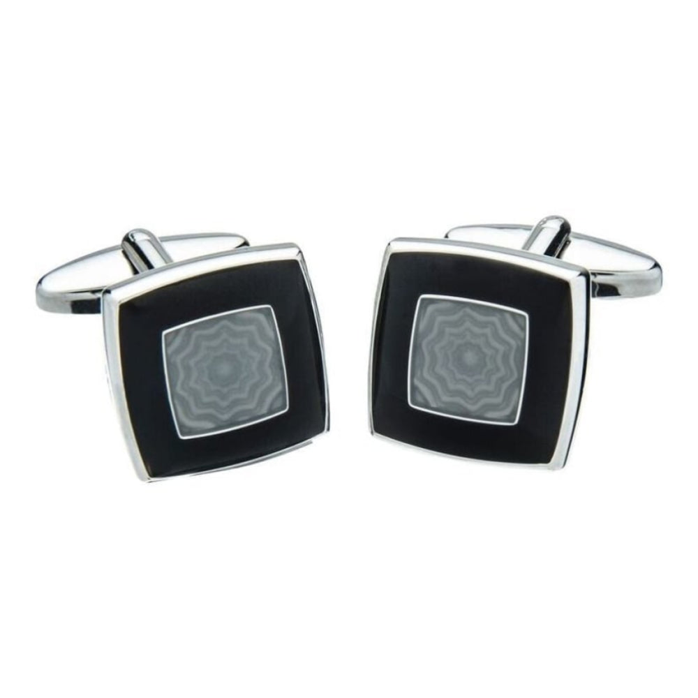 Brass Silver Square Cufflinks With Black & Grey Enamel