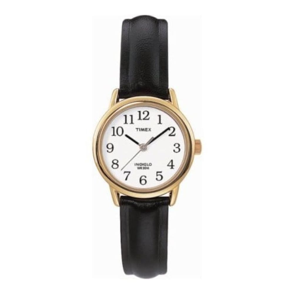 Ladies Polished Stainless Steel Black Leather Wristwatch