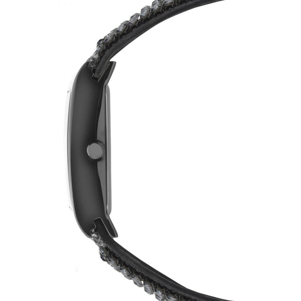 Shimmer Gun Metal Plated Stone Set Case With Black Dial & Black Leather Strap With Crystals Ladies Watch
