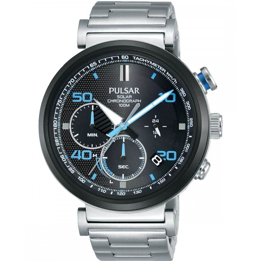Black Chronograph Dial With Steel Case & Steel Bracelet Strap, Solar Powered Gents Watch