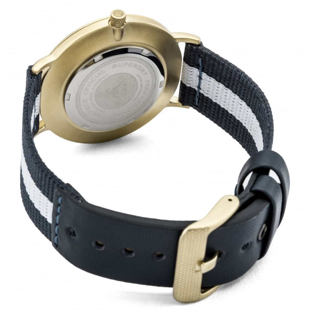 Oxford Nylon Navy Blue And White Stripes With Black Leather Strap Watch With White Dial