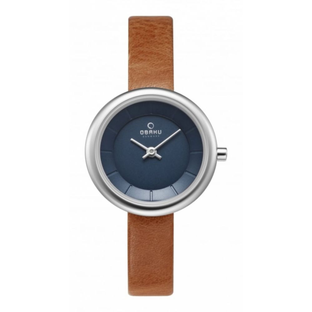 Stainless Steel Blue Dial With Brown Leather Strap Ladies Watch