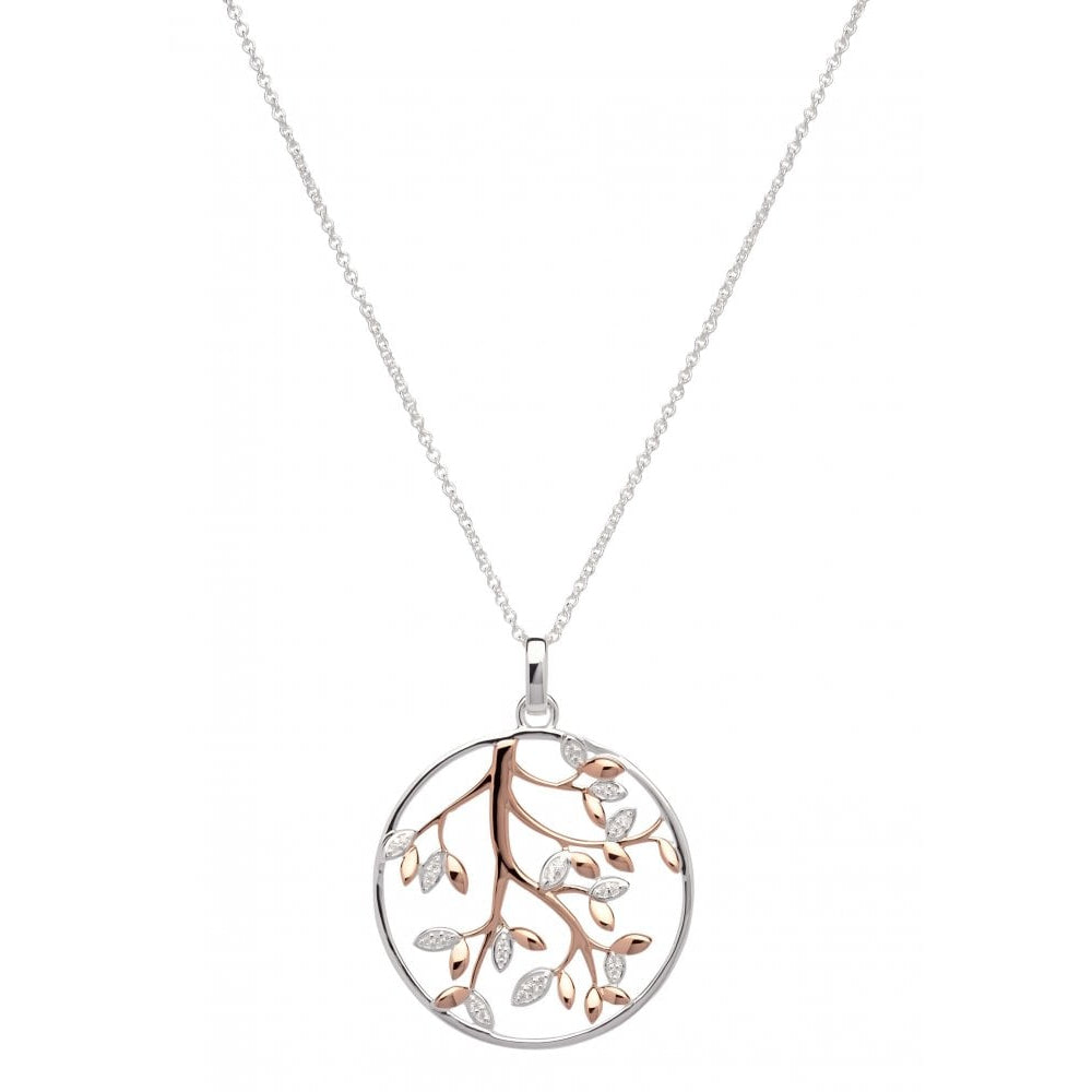 Silver 925 Circle Pendant With Rose Gold Plating Floral And Cz Incl. Chain