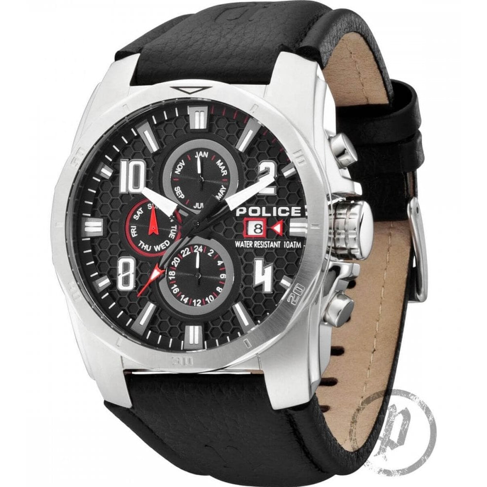 Stainless Steel Black Dial & Black Leather Strap CLUSTER Chronograph Gents Watch