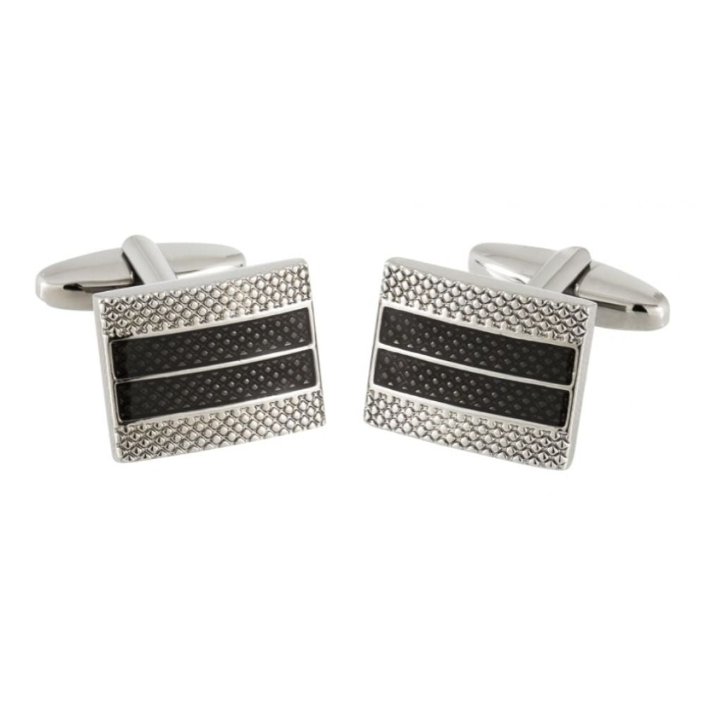 Rectangular Silver Tone & Black Cufflink With Diagonal Lines On Edge