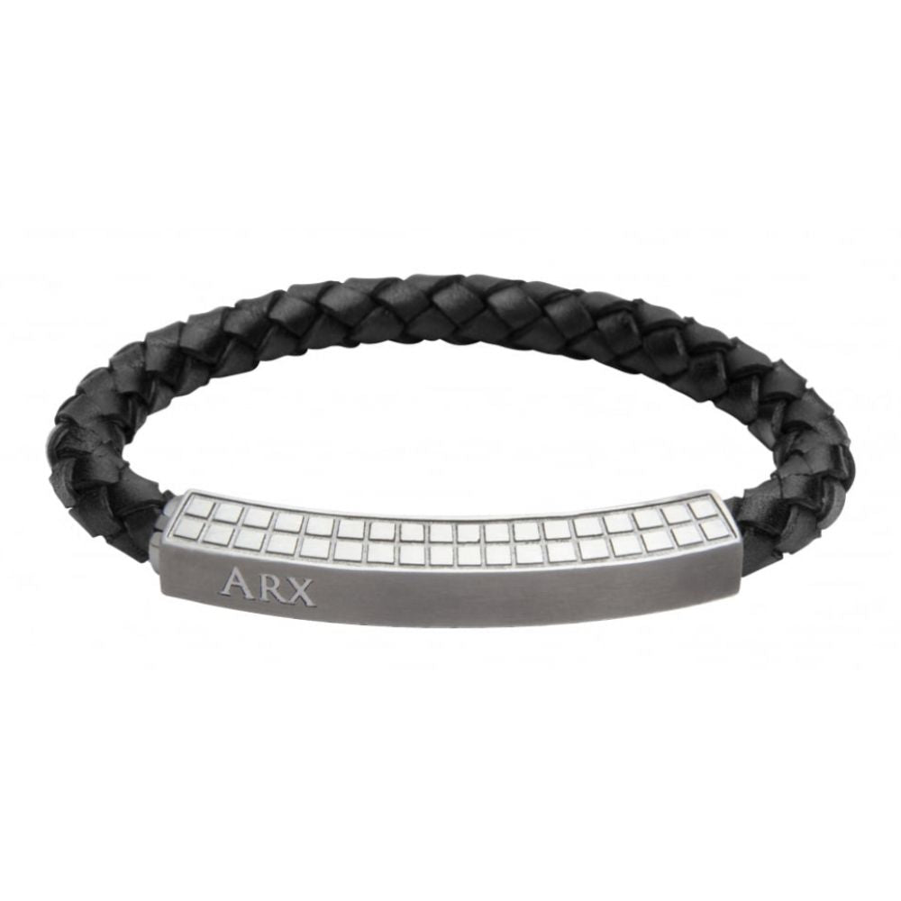 Black Leather Adjustable Gents Bracelet With Polished Stainless Steel & Squared Pattern