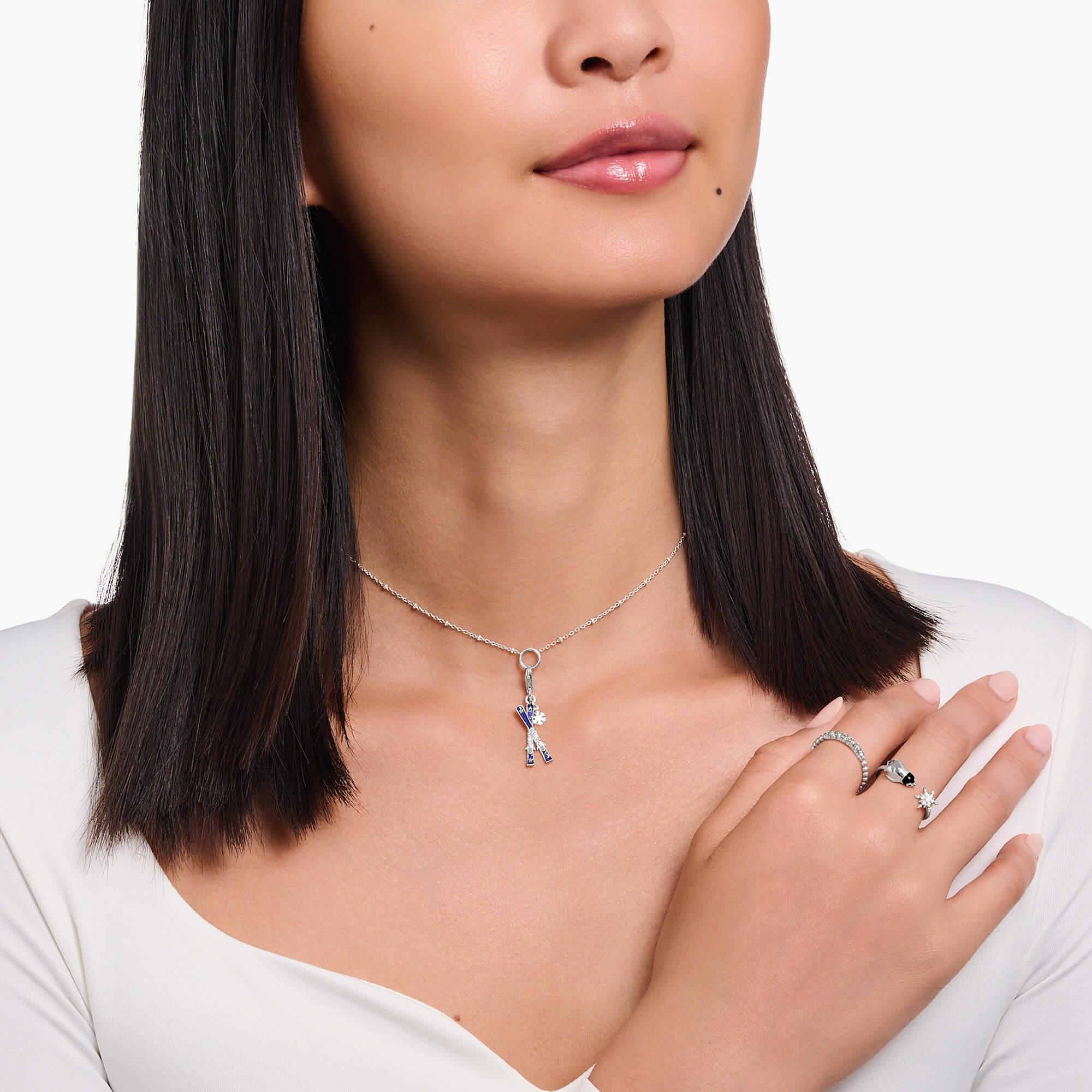 Ski With Blue Enamel & CZ Charm Pendant