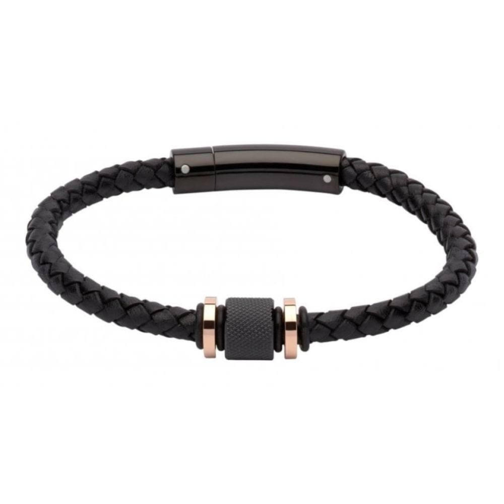 Black Leather Bracelet With Steel Elements-Black I.P.Plating