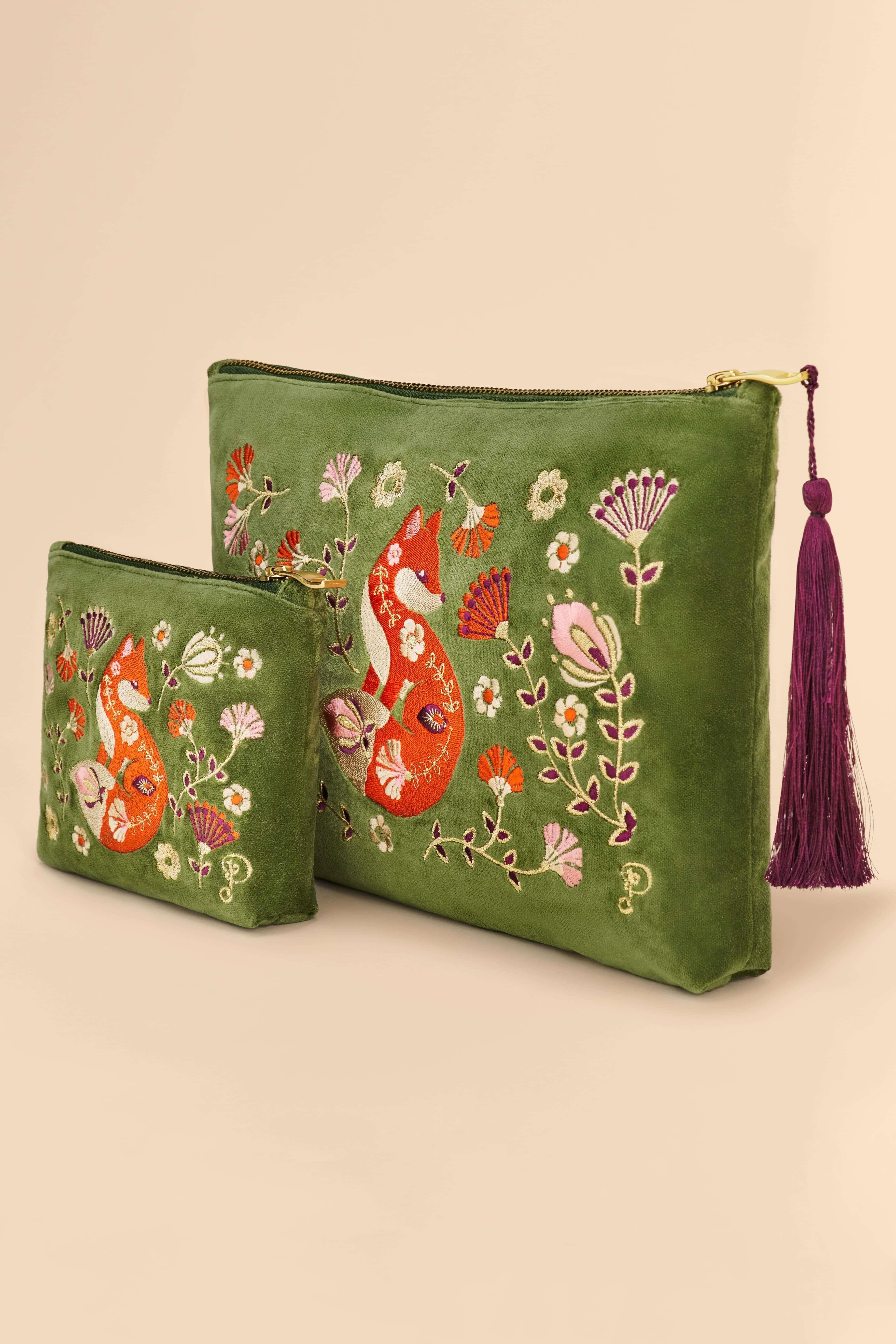 Velvet Embroidered Zip Pouch - Scandinavian Fox