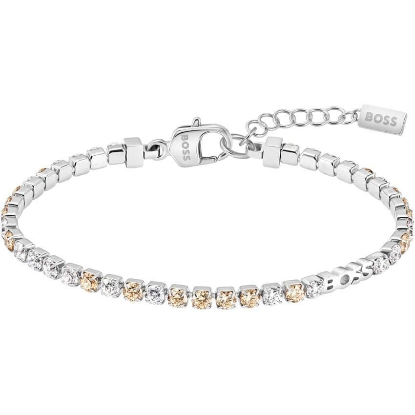 Silver Tone Tennis Bracelet With Clear & Champagne Crystals