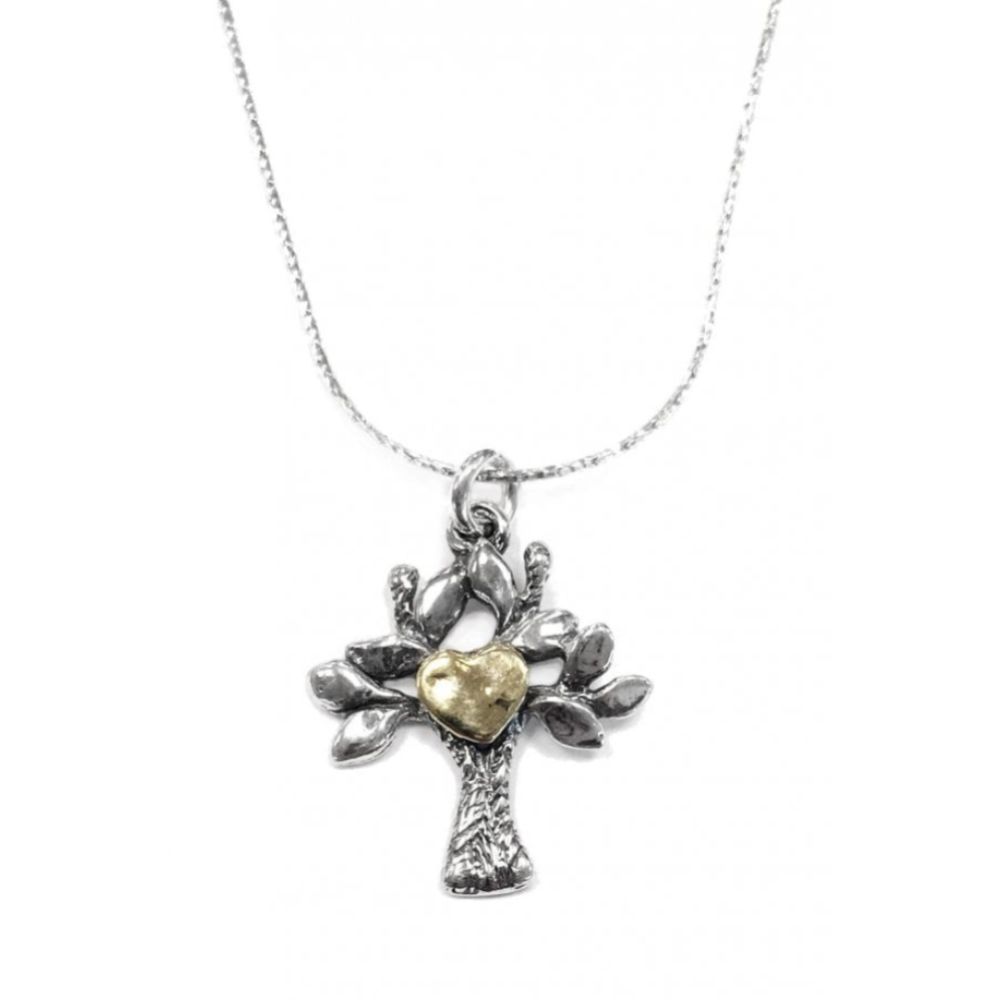 Necklace- Silver Tree Of Life Pendant With 14ct Gold Heart