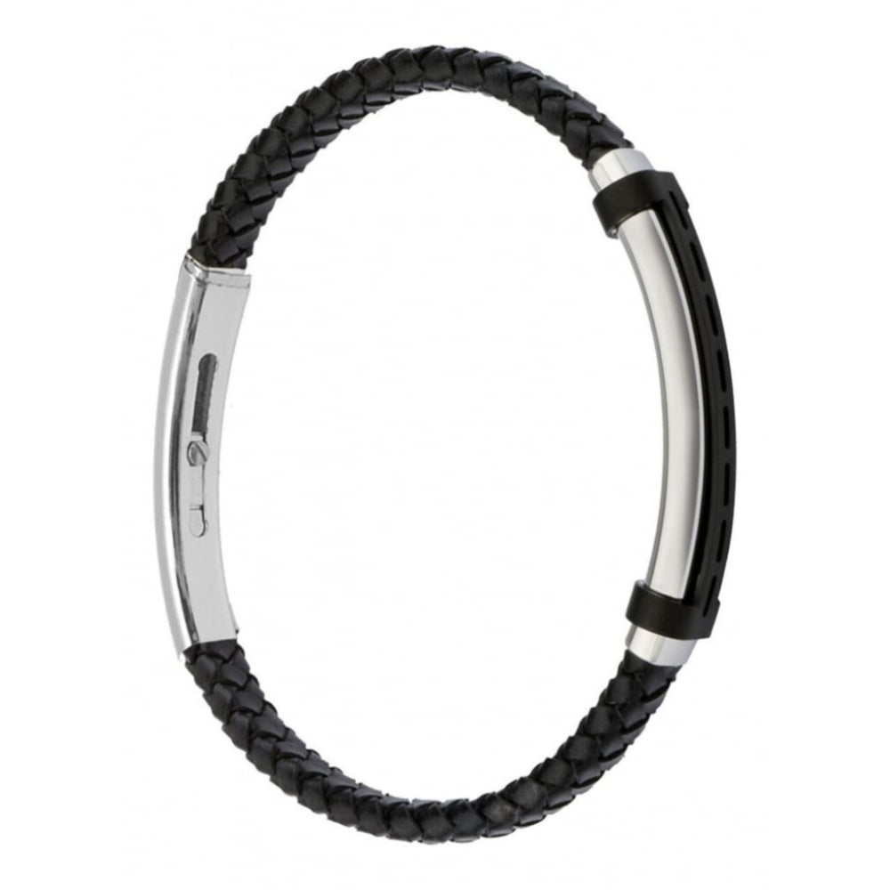 Men's Slim Line Black Leather Bracelet With Magnetic Clasp