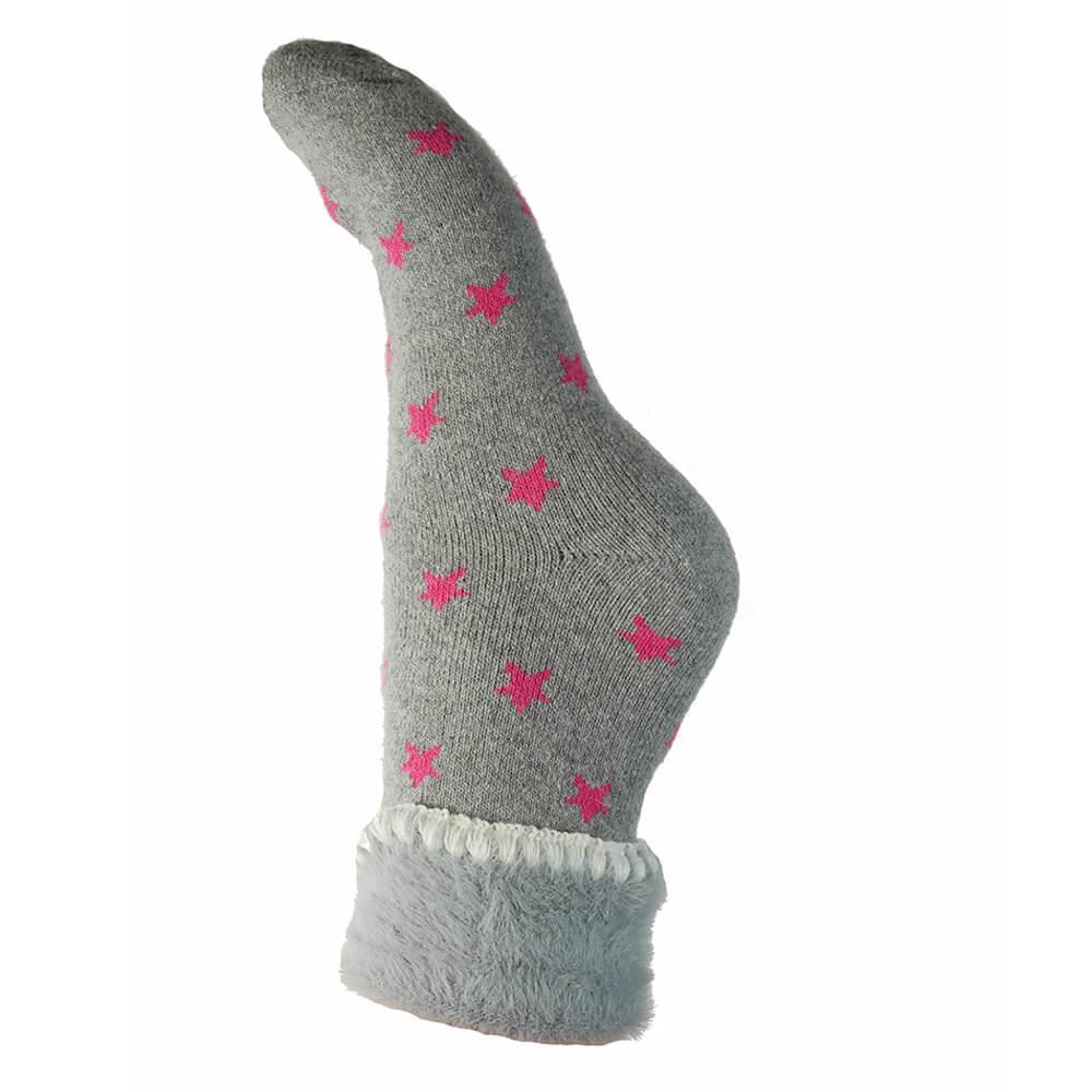 Grey Cuff Socks With Pink Stars