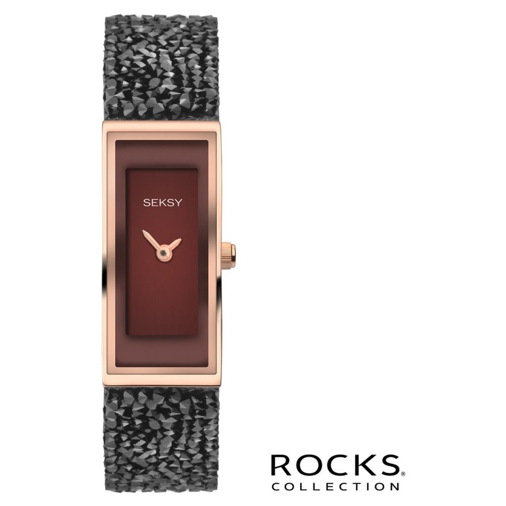 Rose Gold Ion Plated Case & Black Leather Fine Rocks Setting Ladies Watch