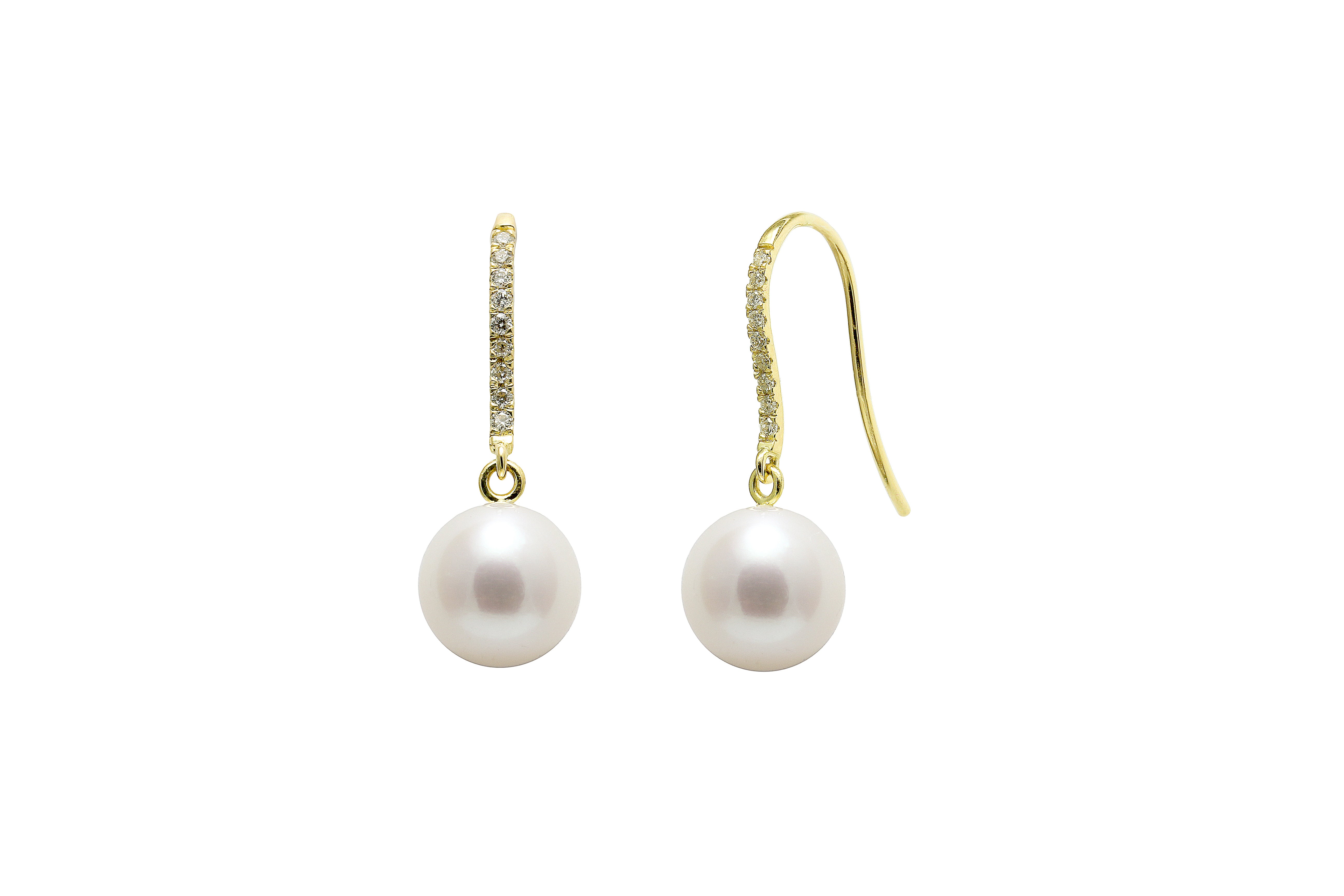 18ct YG Diamond Earring Drops With 8-8.5mm Round Pearls