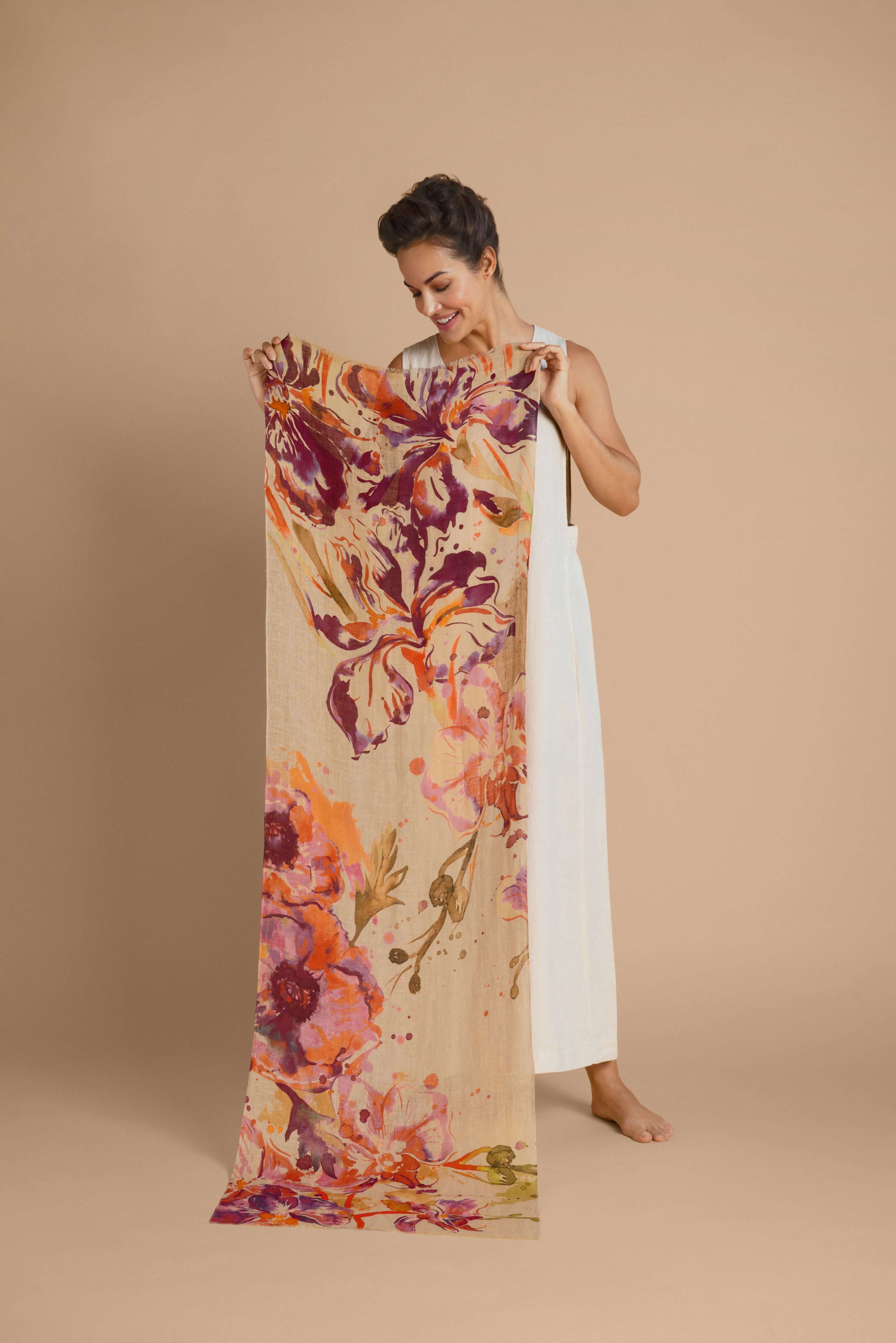Orchid & Iris Linen Print Scarf - Coconut