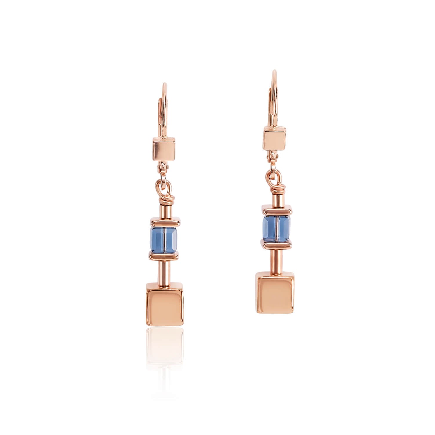 Blue Geo Cube & Rose Gold Plated Chain Earrings