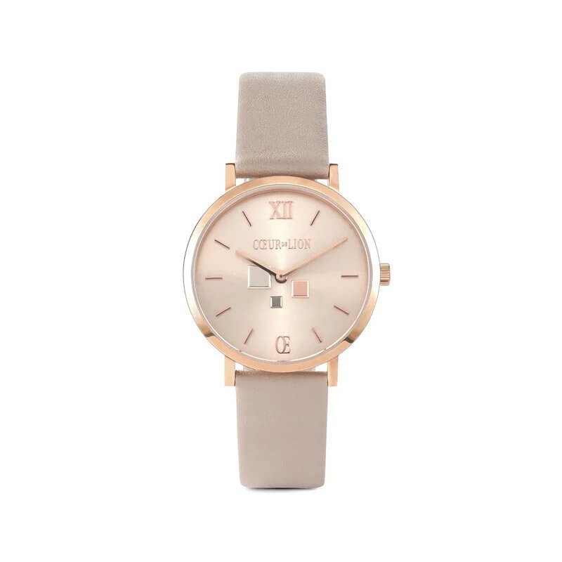 Round Rose Gold Champagne Dial Taupe Strap Watch