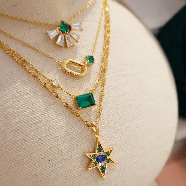 Lola Emerald Cut Necklace In Emerald Green, Clear CZ & Gold