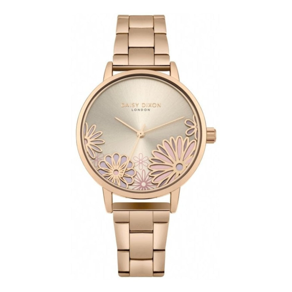 Rose Gold Bracelet With Rose Gold Flower Printed Dial Ladies Watch