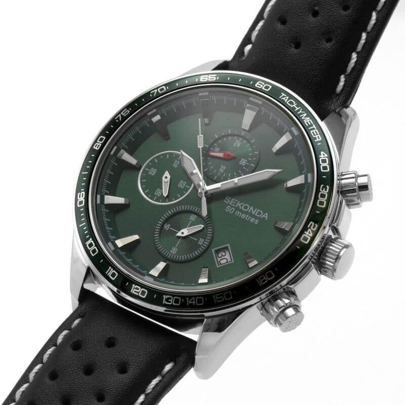Dual Time Green Dial With Black Leather Strap Gents Watch
