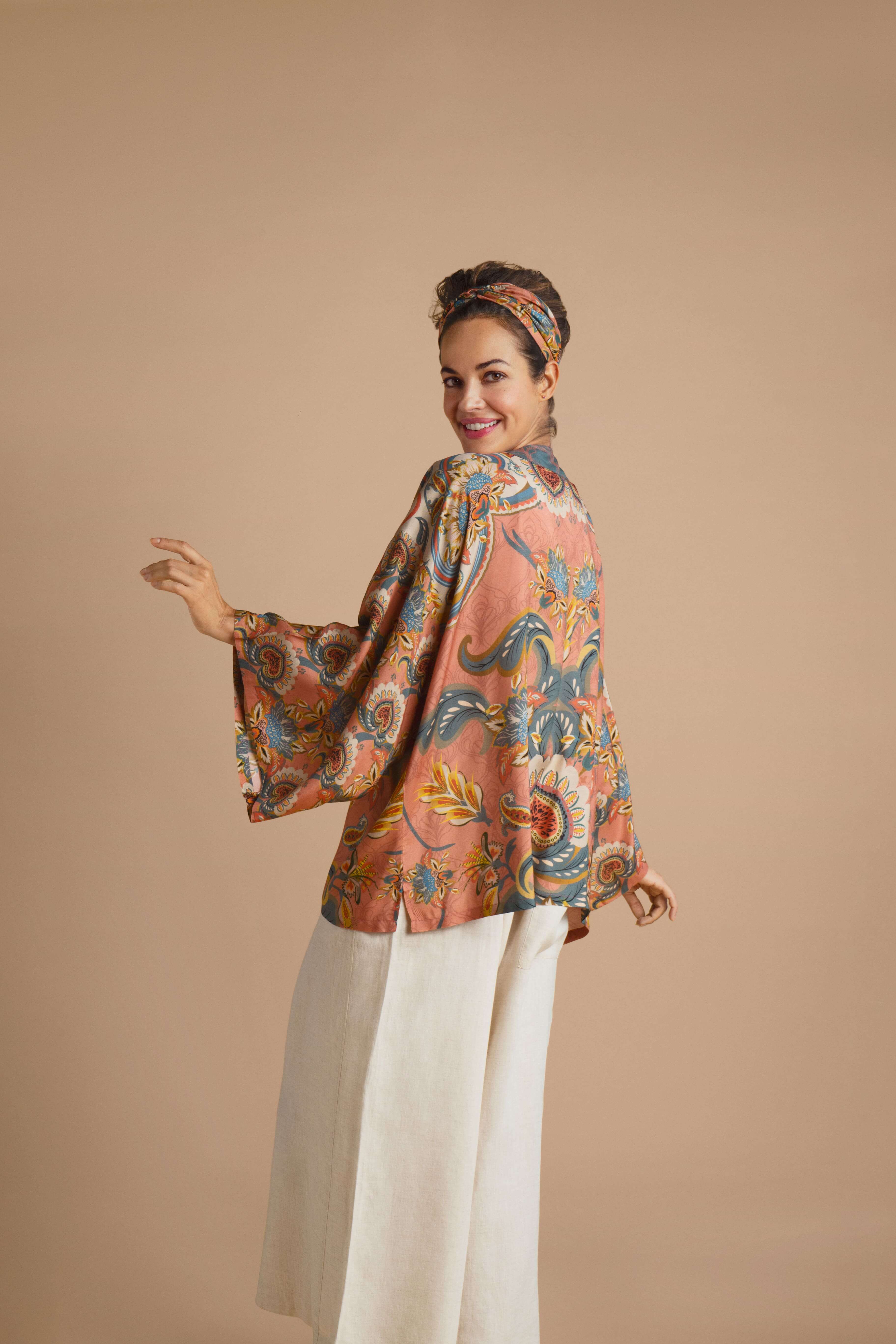 Mediterranian Paisley Kimono Jacket - Coral