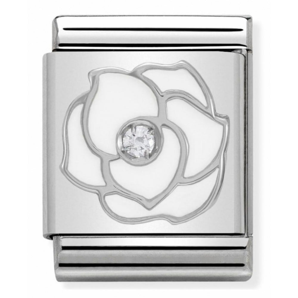 Composable Big Stainless Steel, Sterling Silver, Enamel & Cubic Zirconia White Rose Symbol Charm
