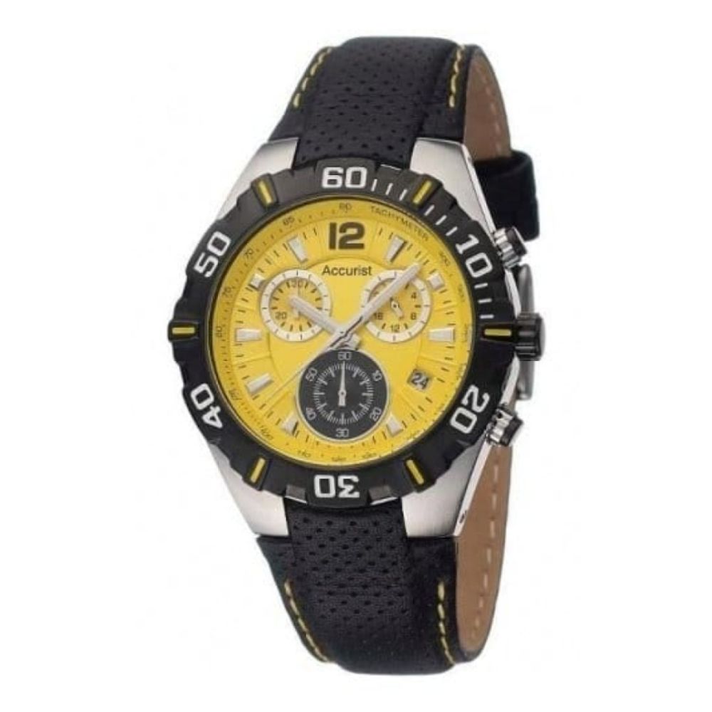 Gents Black Leather Strap Watch With Yellow Chronograph Dial