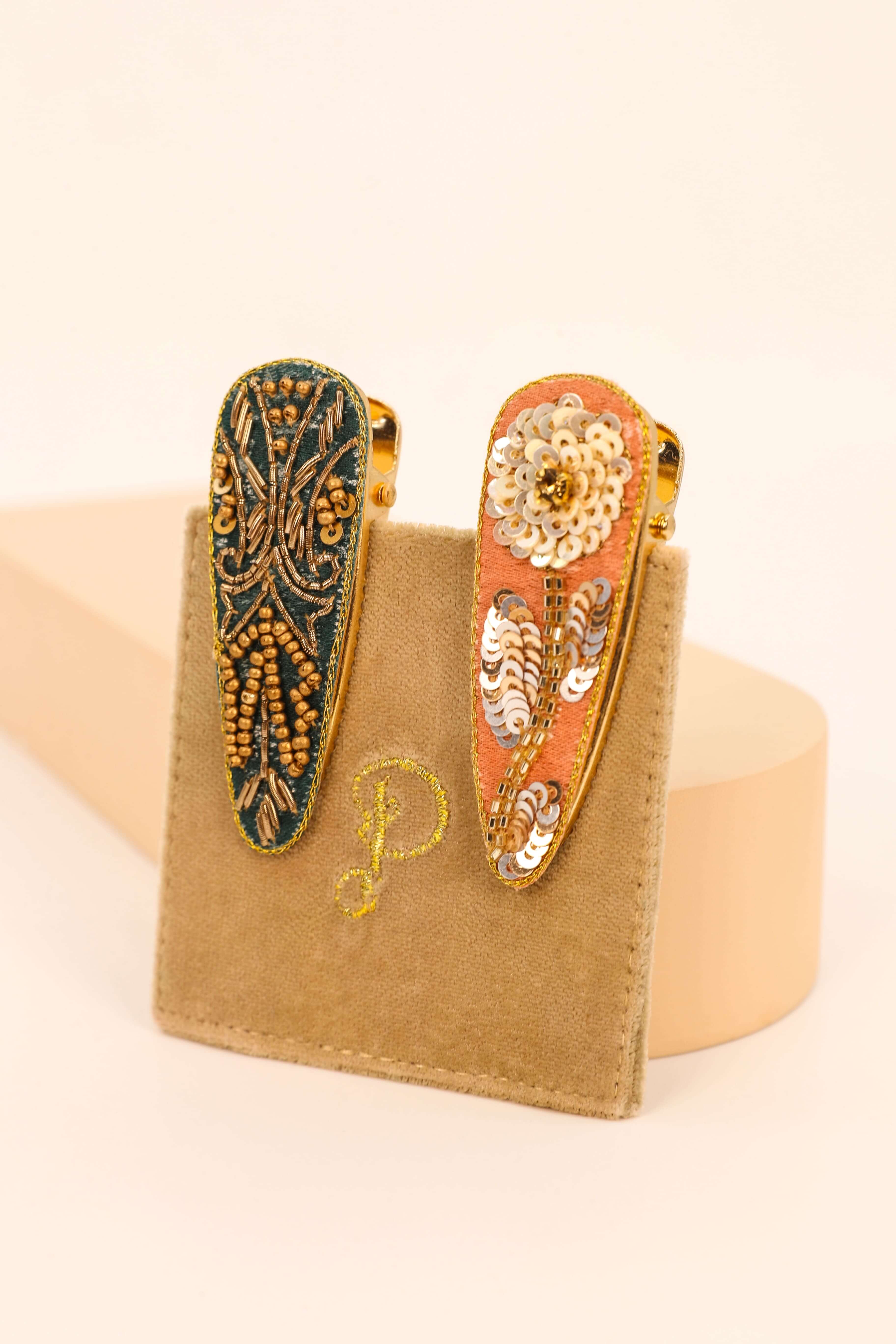 Zinnia Coral/Mosaic In Teal Jewelled Hair Clips