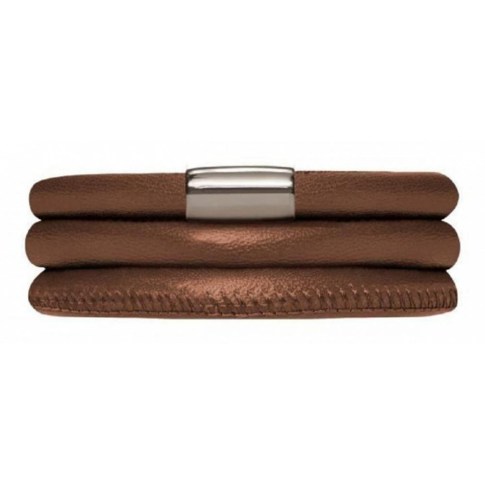 Triple Stainless Steel Brown Leather Bracelet