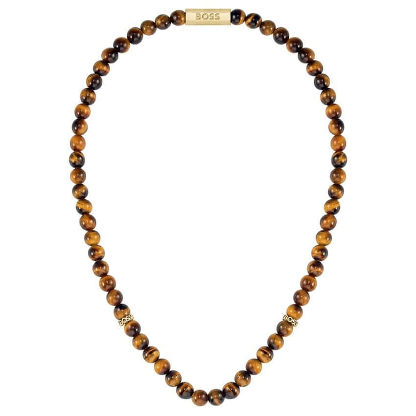 Sphere Stones Tiger's Eye Beads Gold Plated Gents Necklace