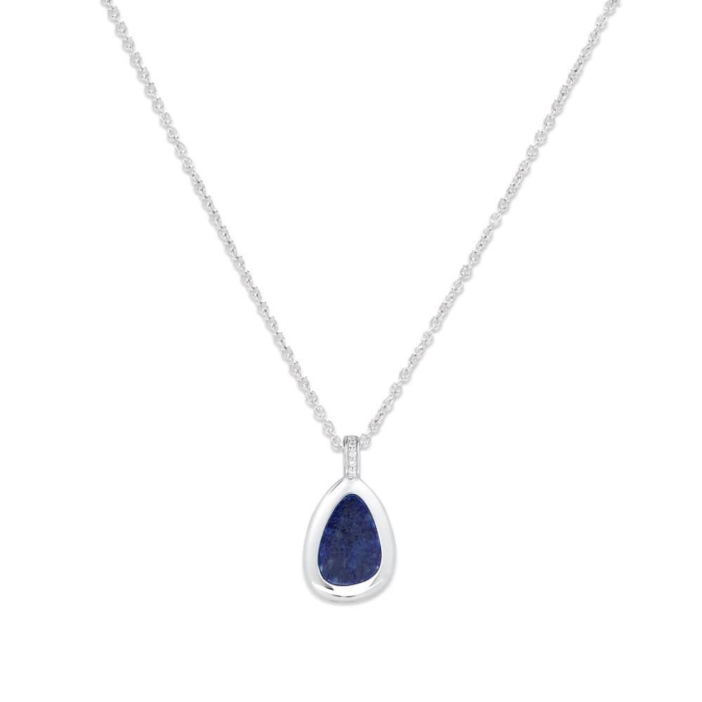 Rhodium Plated Lapis & CZ Pendant Necklace