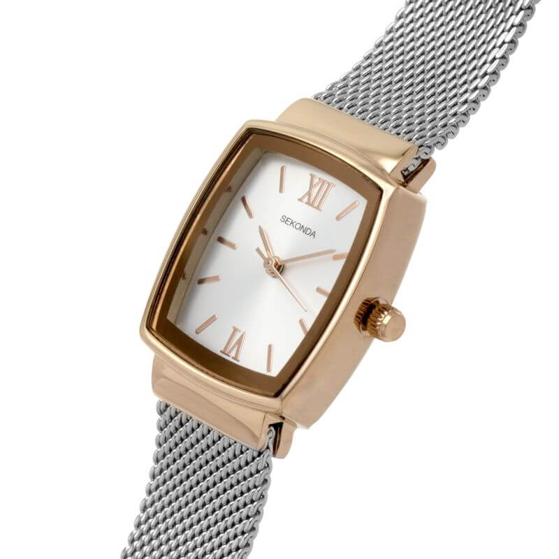 Rose Gold Plated Square White Dial & Steel Mesh Bracelet Strap Ladies Watch
