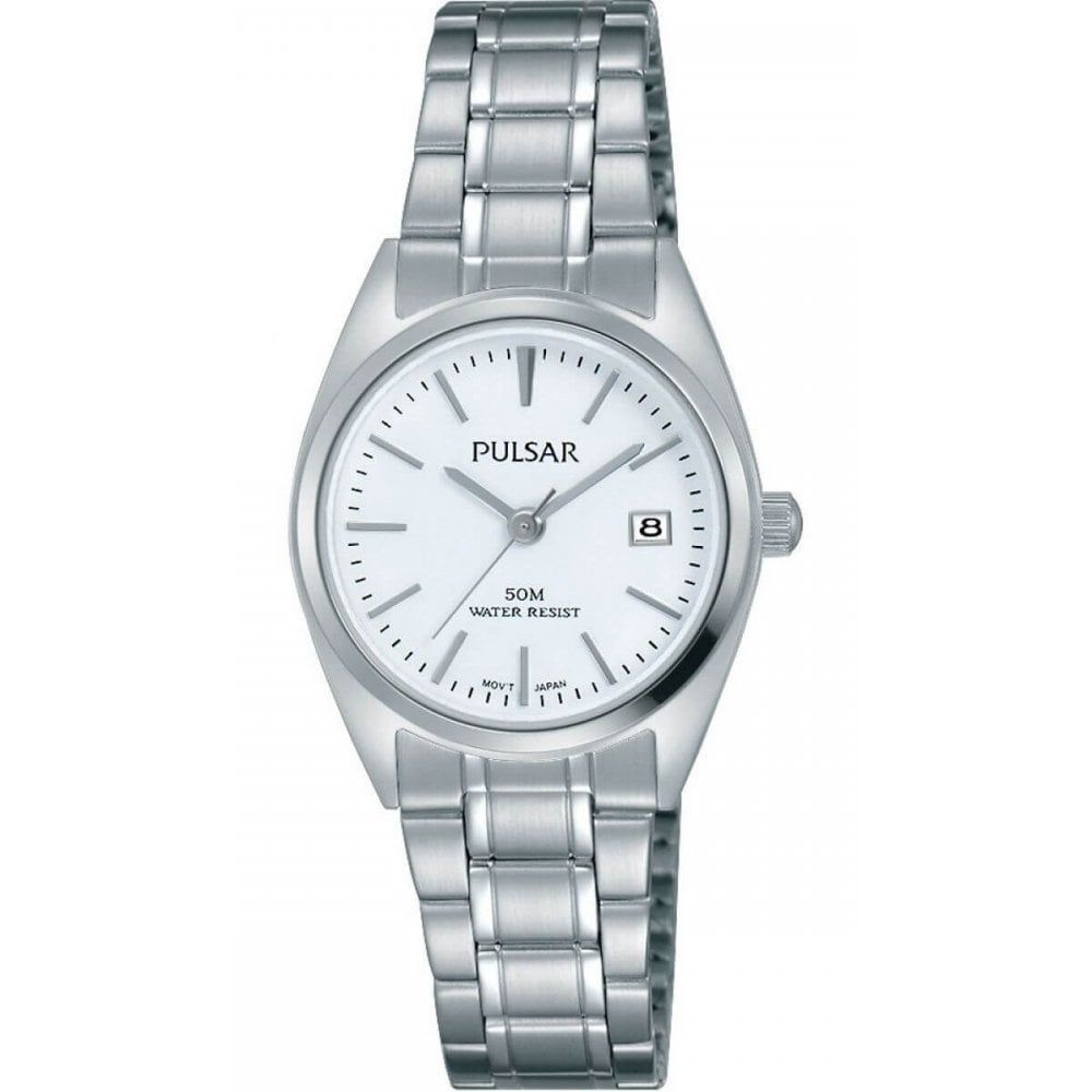 Stainless Steel Bracelet Strap With White Date Display Dial & Steel Case Ladies Watch